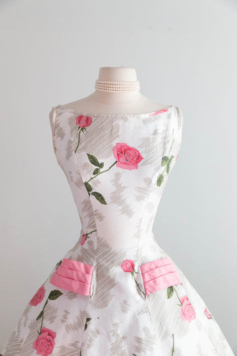 Gorgeous 1950's Polished Cotton Pink Rose Print Dress With Big Pink Bow! SM