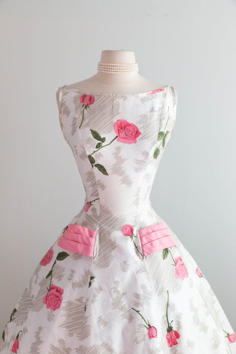 Gorgeous 1950's Polished Cotton Pink Rose Print Dress With Big Pink Bow! SM
