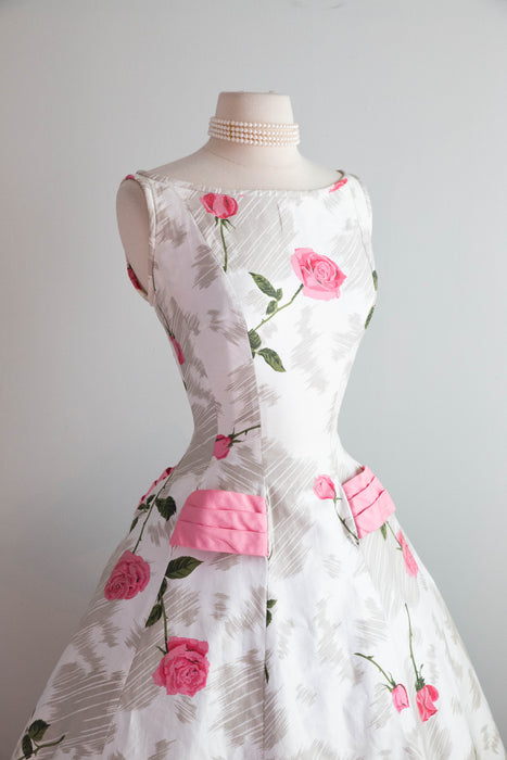 Gorgeous 1950's Polished Cotton Pink Rose Print Dress With Big Pink Bow! SM