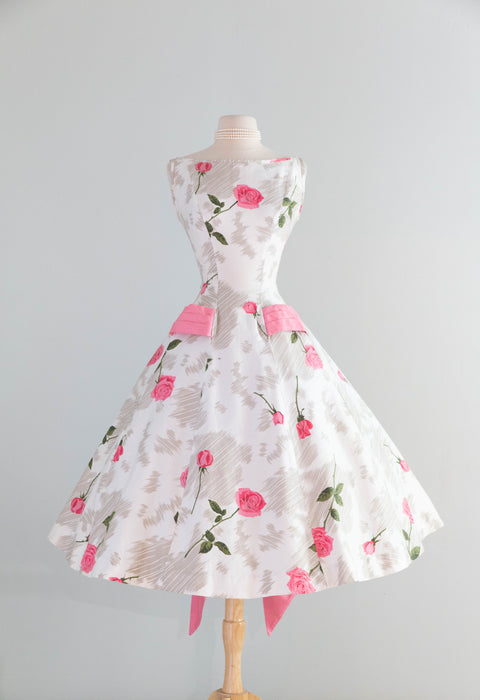 Gorgeous 1950's Polished Cotton Pink Rose Print Dress With Big Pink Bow! SM