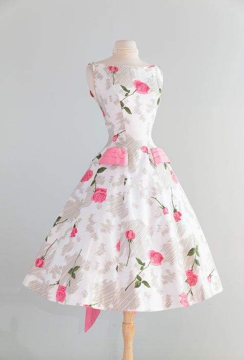 Gorgeous 1950's Polished Cotton Pink Rose Print Dress With Big Pink Bow! SM