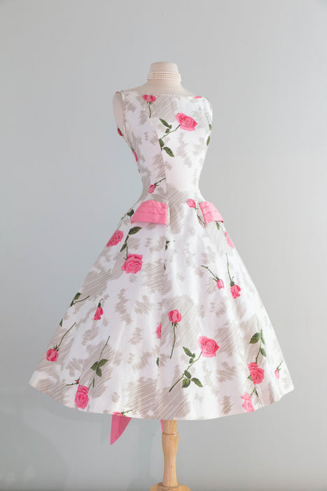 Gorgeous 1950's Polished Cotton Pink Rose Print Dress With Big Pink Bow! SM