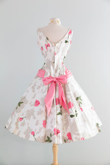 Gorgeous 1950's Polished Cotton Pink Rose Print Dress With Big Pink Bow! SM