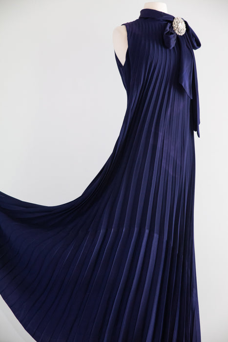 Elegant Late 1960’s Navy Blue Accordion Pleated Evening Gown by Leo Narducci | M