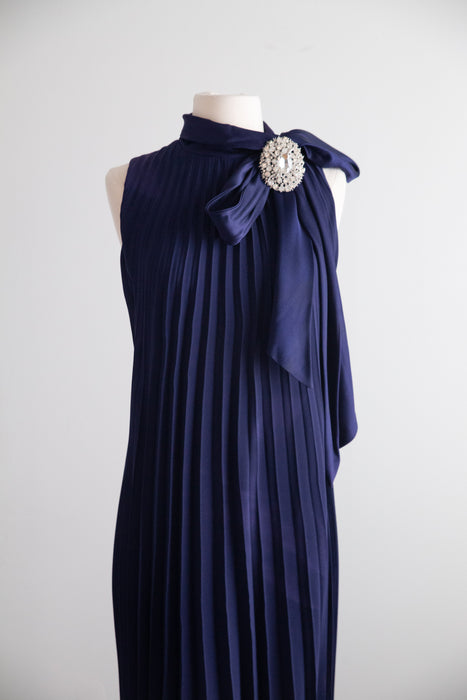 Elegant Late 1960’s Navy Blue Accordion Pleated Evening Gown by Leo Narducci | M