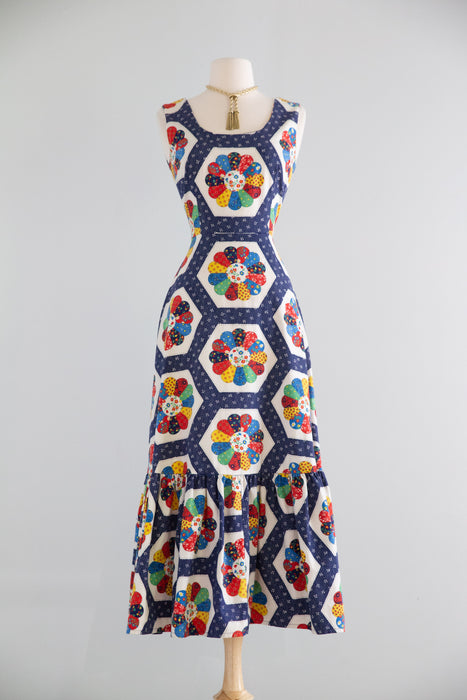 Charming 1970's Americana Dresden Plate Quilt Print Cotton Summer Dress / S