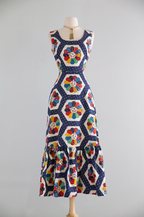 Charming 1970's Americana Dresden Plate Quilt Print Cotton Summer Dress / S