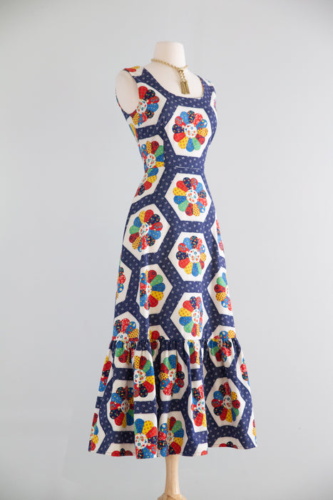 Charming 1970's Americana Dresden Plate Quilt Print Cotton Summer Dress / S