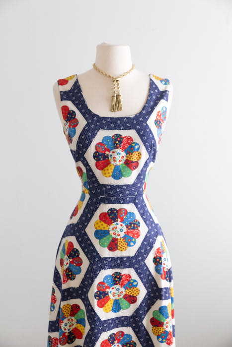 Charming 1970's Americana Dresden Plate Quilt Print Cotton Summer Dress / S