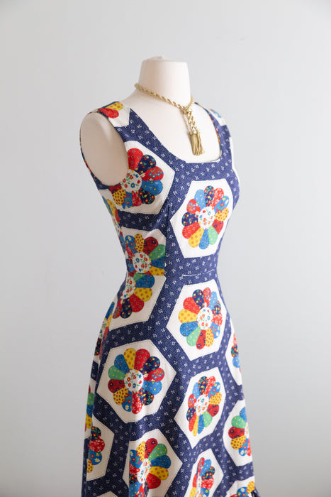 Charming 1970's Americana Dresden Plate Quilt Print Cotton Summer Dress / S