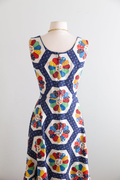 Charming 1970's Americana Dresden Plate Quilt Print Cotton Summer Dress / S