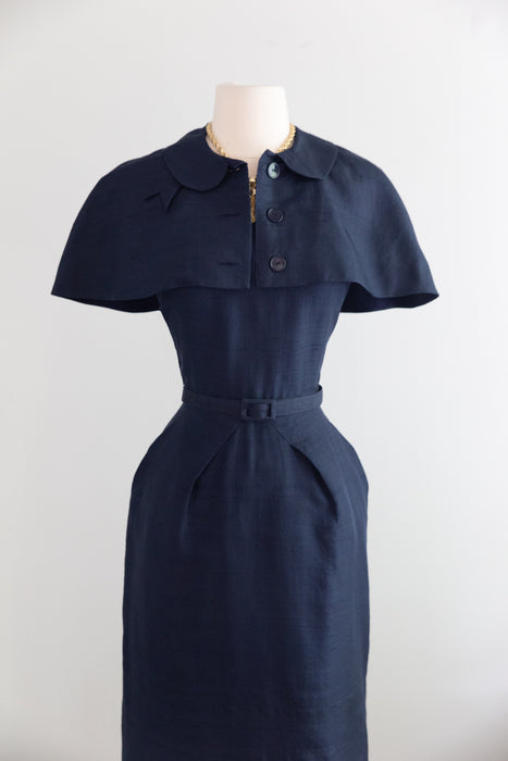 Glamorous 1950's Navy Shantung Silk Dress With Matching Capelet / M