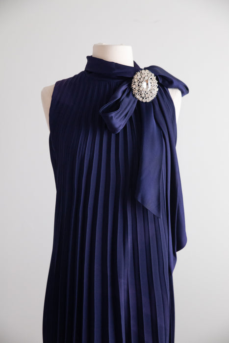 Elegant Late 1960’s Navy Blue Accordion Pleated Evening Gown by Leo Narducci | M