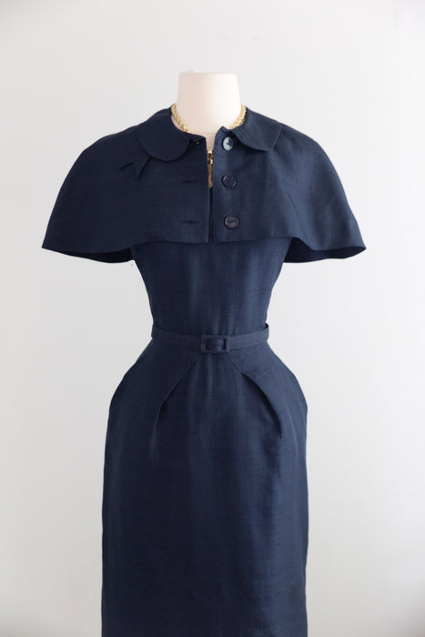Glamorous 1950's Navy Shantung Silk Dress With Matching Capelet / M