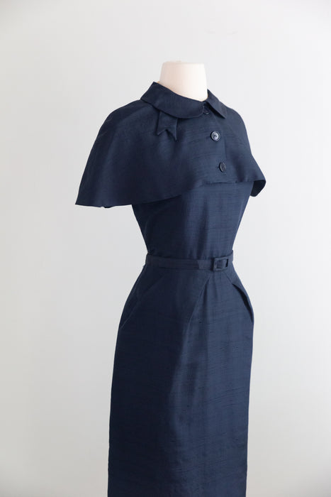 Glamorous 1950's Navy Shantung Silk Dress With Matching Capelet / M