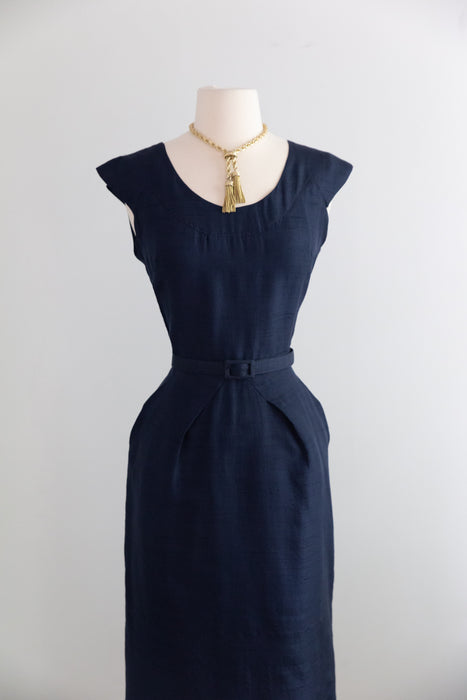 Glamorous 1950's Navy Shantung Silk Dress With Matching Capelet / M