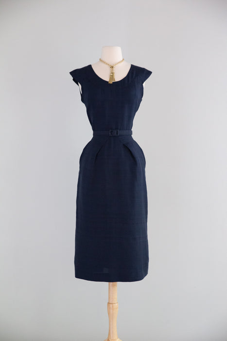Glamorous 1950's Navy Shantung Silk Dress With Matching Capelet / M