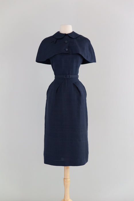 Glamorous 1950's Navy Shantung Silk Dress With Matching Capelet / M