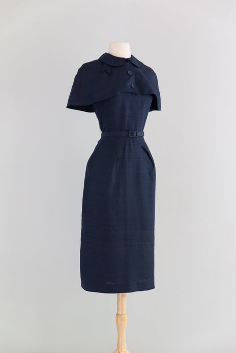Glamorous 1950's Navy Shantung Silk Dress With Matching Capelet / M