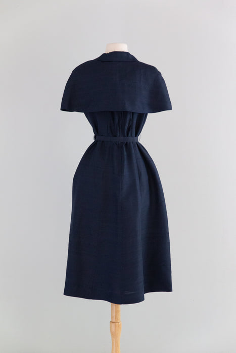 Glamorous 1950's Navy Shantung Silk Dress With Matching Capelet / M