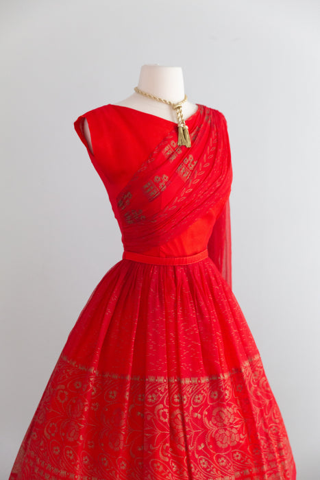 Glamorous 1950’s Sari Inspired Red & Gold Chiffon Party Dress | S