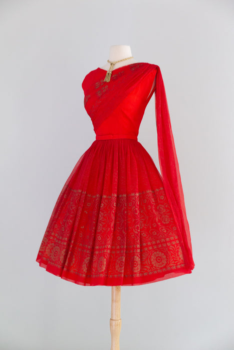 Glamorous 1950’s Sari Inspired Red & Gold Chiffon Party Dress | S