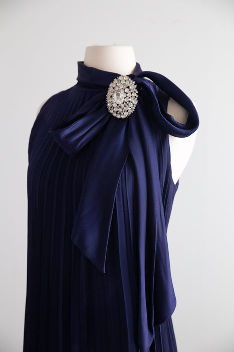 Elegant Late 1960’s Navy Blue Accordion Pleated Evening Gown by Leo Narducci | M