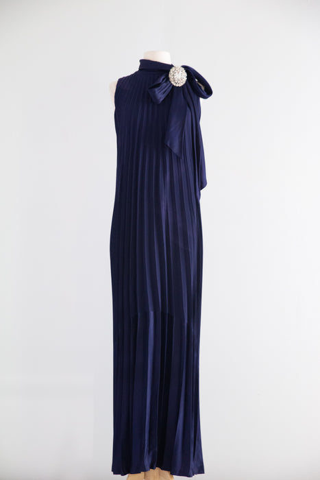 Elegant Late 1960’s Navy Blue Accordion Pleated Evening Gown by Leo Narducci | M