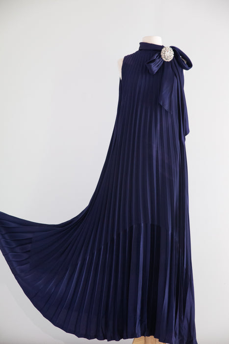 Elegant Late 1960’s Navy Blue Accordion Pleated Evening Gown by Leo Narducci | M