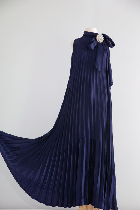 Elegant Late 1960’s Navy Blue Accordion Pleated Evening Gown by Leo Narducci | M