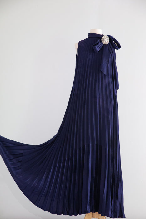 Elegant Late 1960’s Navy Blue Accordion Pleated Evening Gown by Leo Narducci | M