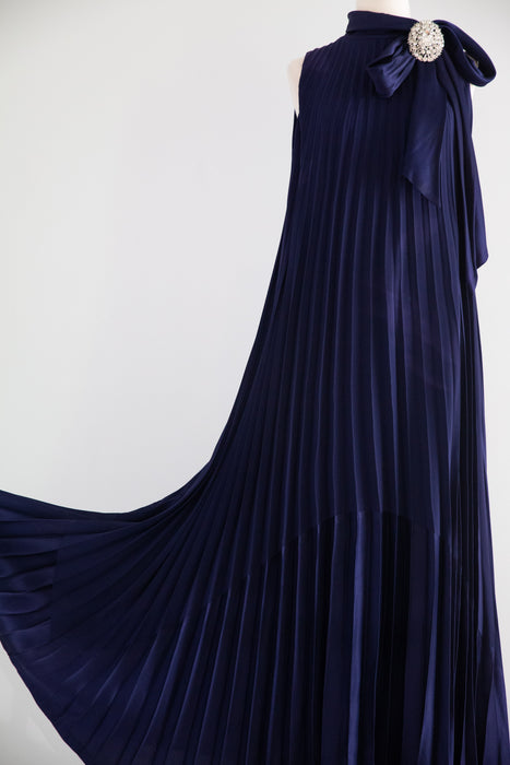 Elegant Late 1960’s Navy Blue Accordion Pleated Evening Gown by Leo Narducci | M