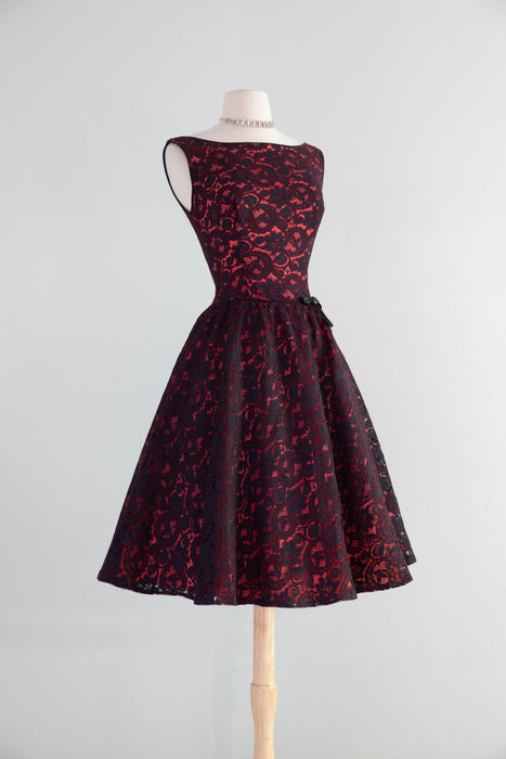 Fabulous Early 1960's Lace Party Dress In Black & Fire Engine Red / Small