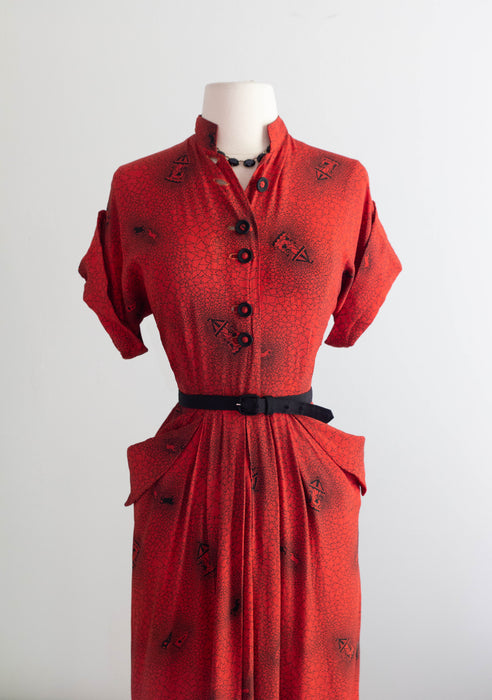 Classic 1940's Cherry Red Cold Rayon Novelty Print Day Dress With Carousels and Horses / M