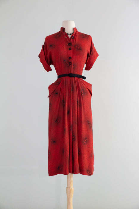 Classic 1940's Cherry Red Cold Rayon Novelty Print Day Dress With Carousels and Horses / M