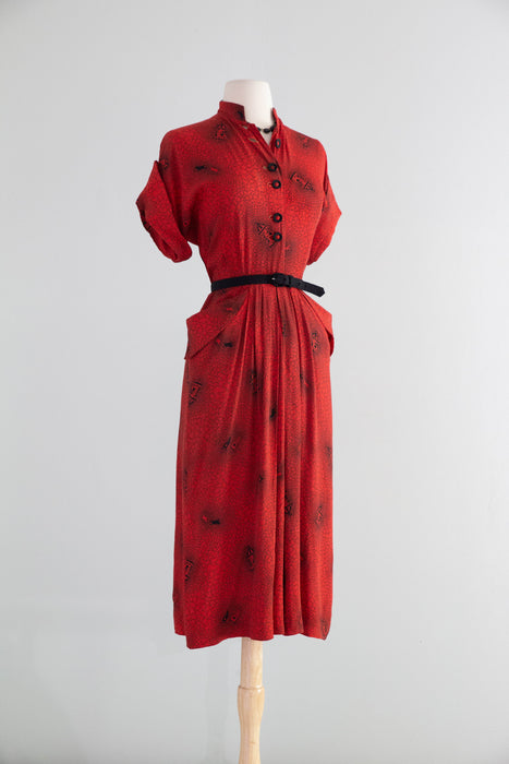 Classic 1940's Cherry Red Cold Rayon Novelty Print Day Dress With Carousels and Horses / M