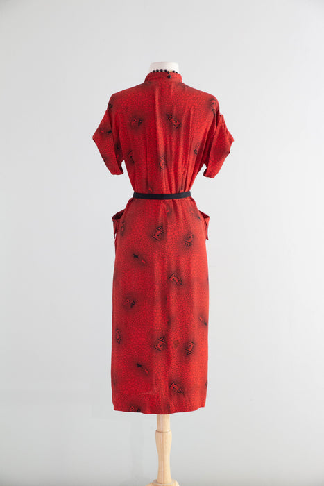 Classic 1940's Cherry Red Cold Rayon Novelty Print Day Dress With Carousels and Horses / M