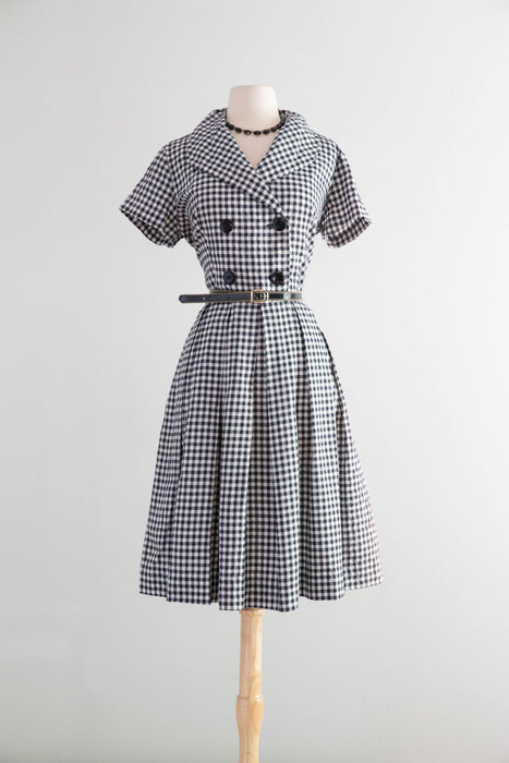 The Classic 1950's Black & White Cotton Gingham Day Dress / M