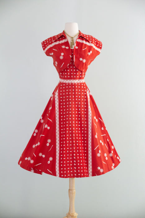 Darling 1950's Nani 0f Hawaii Red Cotton Dress and Bolero Set / M