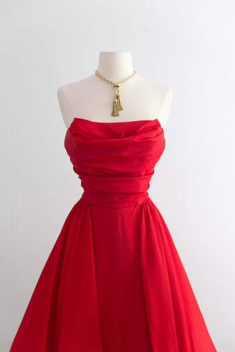 Fabulous 1950's Cherry Red Taffeta Party Dress With Matching Swing Coat / S
