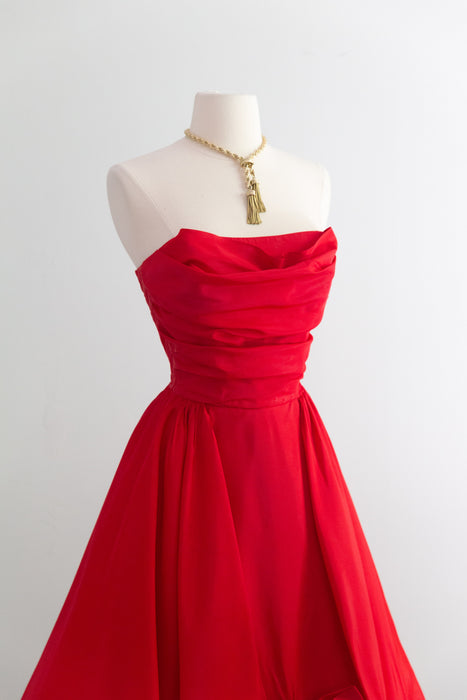 Fabulous 1950's Cherry Red Taffeta Party Dress With Matching Swing Coat / S