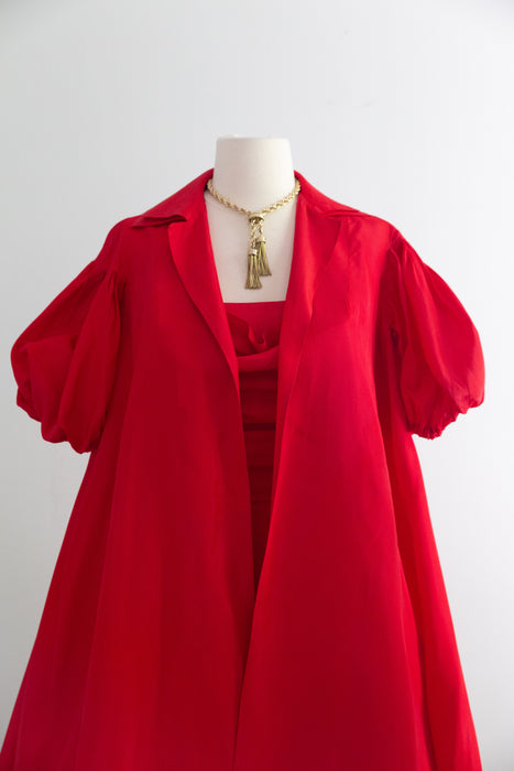 Fabulous 1950's Cherry Red Taffeta Party Dress With Matching Swing Coat / S