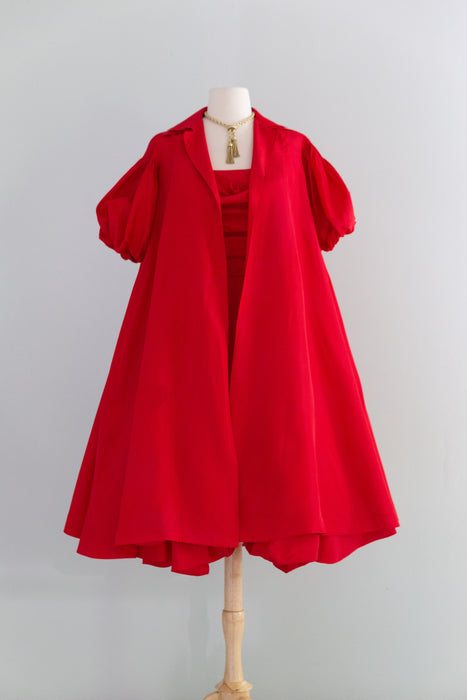 Fabulous 1950's Cherry Red Taffeta Party Dress With Matching Swing Coat / S