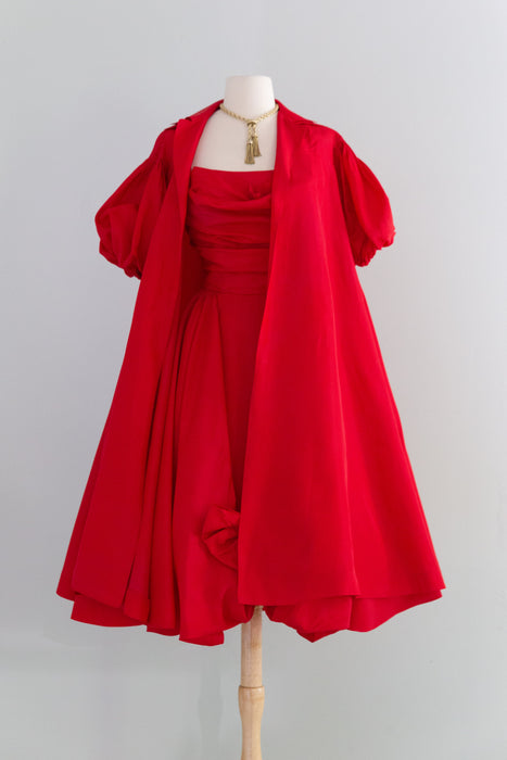 Fabulous 1950's Cherry Red Taffeta Party Dress With Matching Swing Coat / S