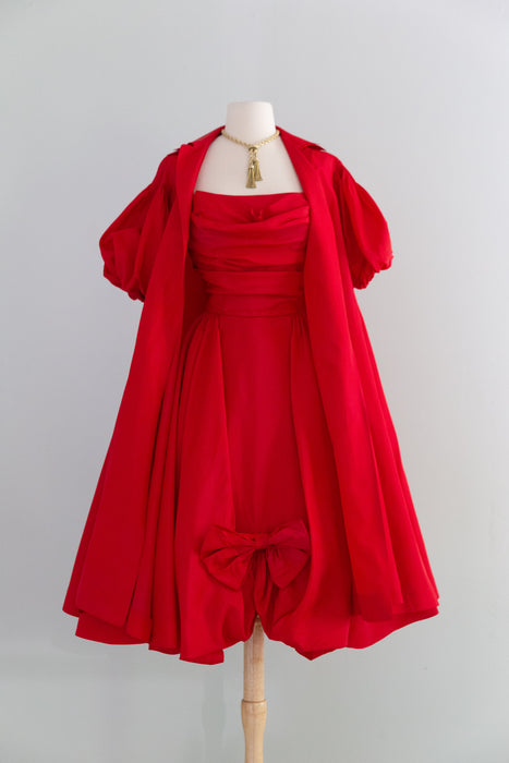 Fabulous 1950's Cherry Red Taffeta Party Dress With Matching Swing Coat / S