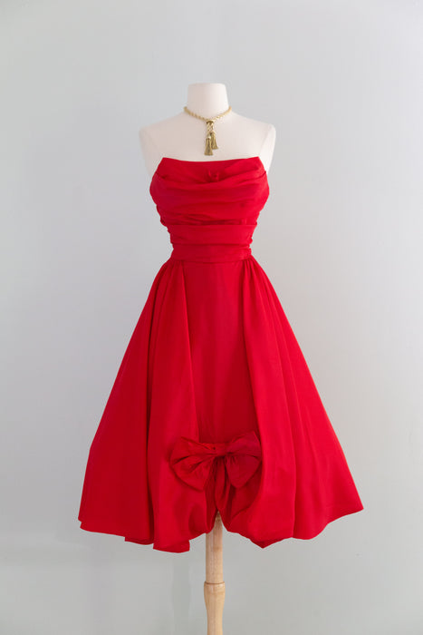 Fabulous 1950's Cherry Red Taffeta Party Dress With Matching Swing Coat / S