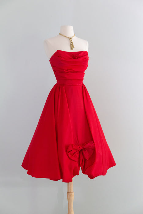 Fabulous 1950's Cherry Red Taffeta Party Dress With Matching Swing Coat / S