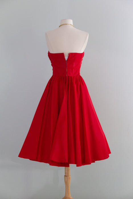 Fabulous 1950's Cherry Red Taffeta Party Dress With Matching Swing Coat / S