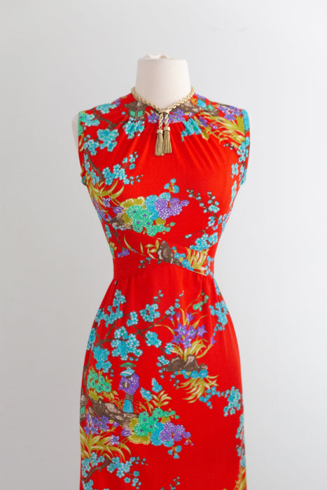 Fabulous 1970's Electric Red Maxi Dress With Asian Inspired Floral Print / SM