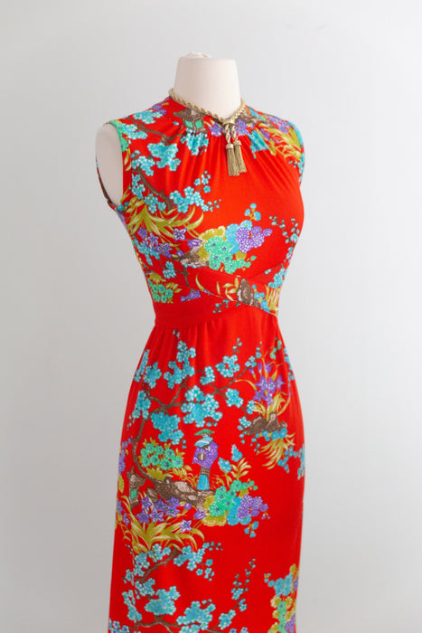 Fabulous 1970's Electric Red Maxi Dress With Asian Inspired Floral Print / SM